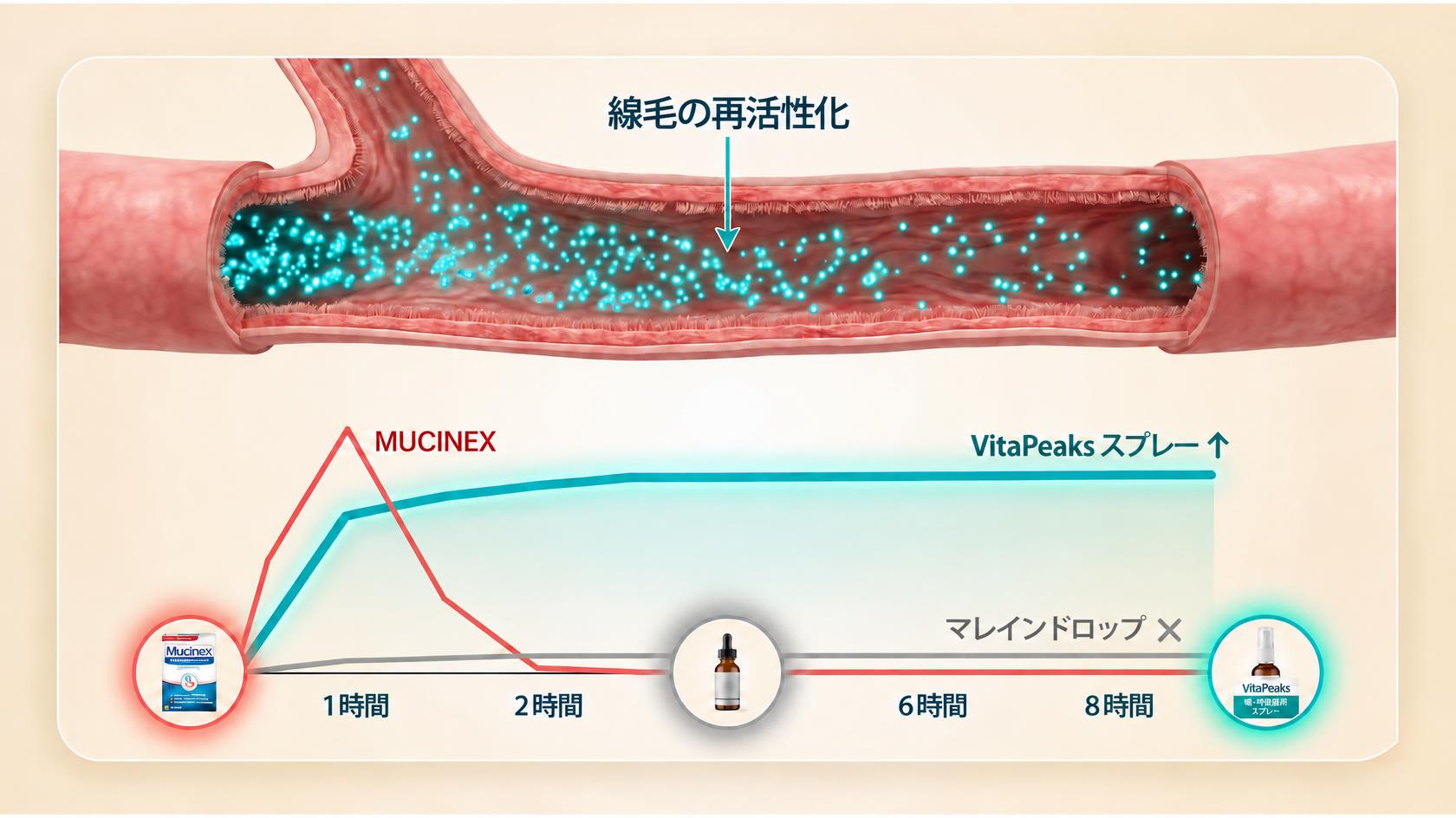 VitaPeaksスプレーとMucinex、マレインドロップ、NACカプセル、蒸気吸入の比較